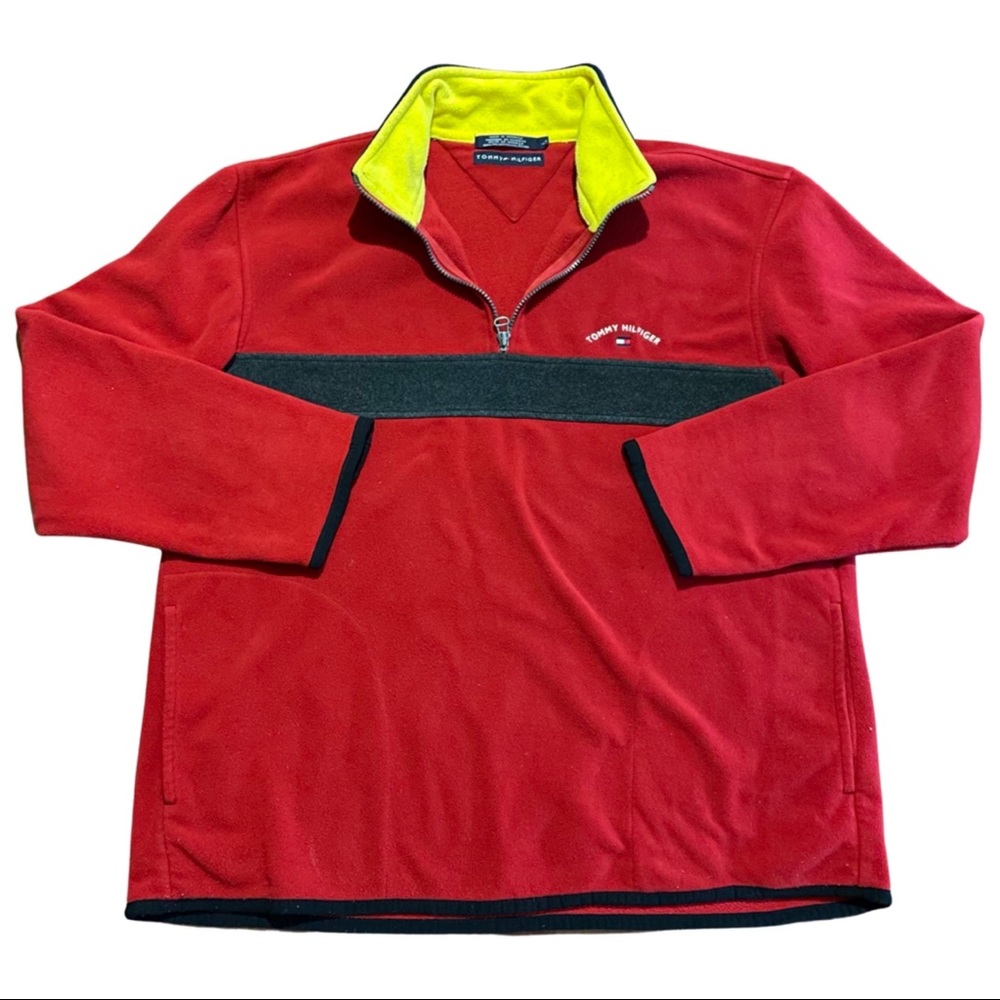Vintage Tommy Hilfiger Men Red Half Zip Fleece Pullover Sweater Sz  L Logo Flag